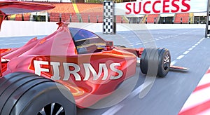 Firms and success - pictured as word Firms and a f1 car, to symbolize that Firms can help achieving success and prosperity in life