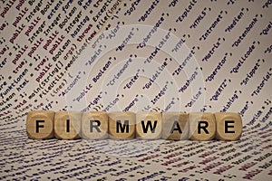 Firmware - cube with letters and words from the computer, software, internet categories, wooden cubes