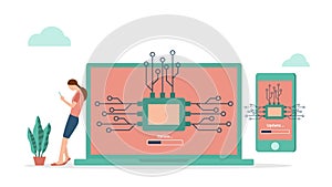 Firmware system update computer and smartphone concept in flat vector design. woman use smartphone stand near large laptop