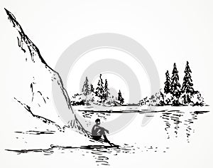 Firs on hill above river. Vector drawing