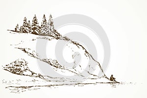 Firs on hill above river. Vector drawing