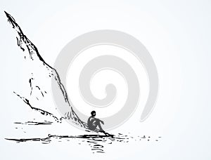 Firs on hill above river. Vector drawing