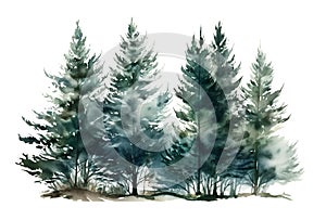 Firs or pine trees for winter Christmas design. Watercolor illustration of coniferous forest, spruce. Winter nature