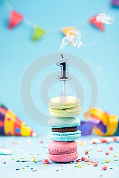 First 1st Birthday Card with Candle Blown Out in Colorful Macaroons and Sprinkles. Card mockup