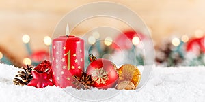First 1st Sunday in advent with burning candle Christmas time decoration panorama with copyspace copy space
