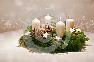 First Advent - decorated Advent wreath from fir and evergreen br