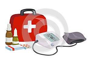 First aid, blood pressure device, medicines