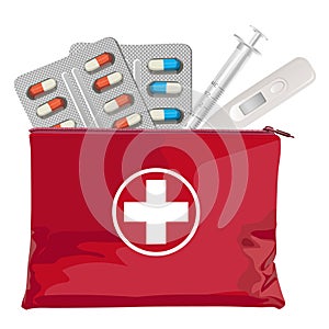 A first aid box with medical kit. Vector illustration.