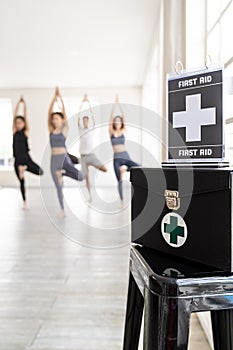 First aid box at yoga class fitness centre