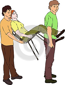 First aid - carry injured woman on chair