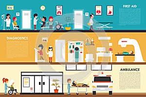 First Aid Diagnostics Ambulance flat hospital interior outdoor concept web vector illustration. Doctor, Healthcare