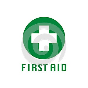 First aid icon. Green circle and white cross illustration symbol. Sign emergency vector