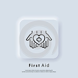 First aid icon. Hands holding heart with cross. Medical pharmacy logo. Vector. Neumorphic UI UX white user interface web button.