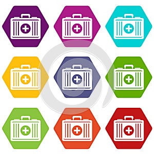 First aid icon set color hexahedron