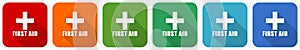 First aid icon set, flat design vector illustration in 6 colors options for webdesign and mobile applications