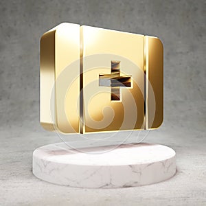 First Aid icon. Shiny golden First Aid symbol on white marble podium