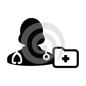 First aid icon vector female doctor person profile avatar with stethoscope and medical report folder for medical consultation