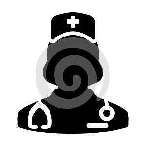 First aid icon vector female person profile avatar with a stethoscope for medical doctor consultation in Glyph Pictogram