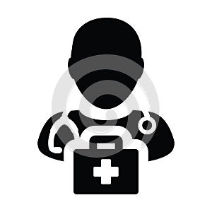 First aid icon vector male doctor person profie avatar with Stethoscope and first aid kit bag for Medical Consultation