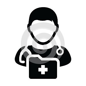 First aid icon vector male doctor person profile avatar with stethoscope and medical report folder for medical consultation