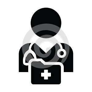 First aid icon vector male doctor person profile avatar with stethoscope and medical report folder for medical consultation