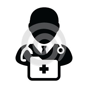 First aid icon vector male doctor person profile avatar with stethoscope and medical report folder for medical consultation in