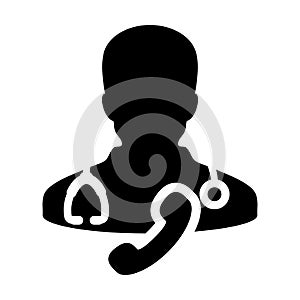 First aid icon vector male doctor person profile avatar with stethoscope and phone for medical health care consultation in glyph