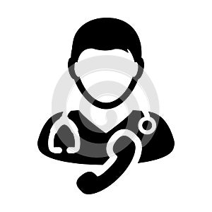 First aid icon vector male doctor person profile avatar symbol with Stethoscope and phone for medical health care consultation