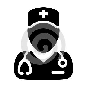 First aid icon vector male person profile avatar with a stethoscope for medical doctor consultation in Glyph Pictogram