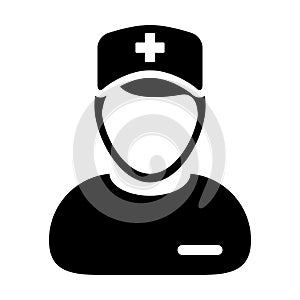 First aid icon vector male person profile avatar with a stethoscope for medical doctor consultation in a glyph pictogram