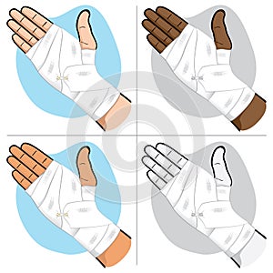 First aid illustration of hands with bandage bandage on the palm and wrist area, Ethnic