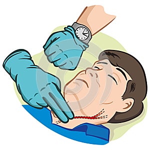 First Aid illustration person measuring pulse through the carotid artery with gloves