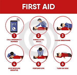 First aid instructions infographics and vector icons of medical