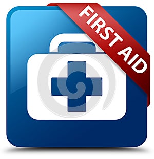 First aid blue square button red ribbon in corner