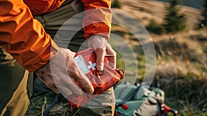 first aid kit on the background of the forest. Selective focus