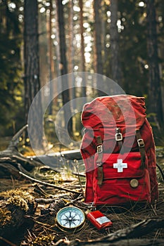 first aid kit on the background of the forest. Selective focus