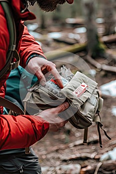 first aid kit on the background of the forest. Selective focus