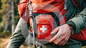 first aid kit on the background of the forest. Selective focus