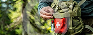 first aid kit on the background of the forest. Selective focus