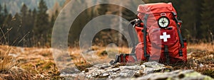 first aid kit on the background of the forest. Selective focus