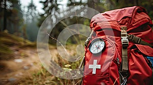 first aid kit on the background of the forest. Selective focus