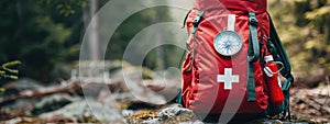 first aid kit on the background of the forest. Selective focus