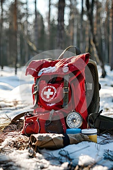 first aid kit on the background of the forest. Selective focus