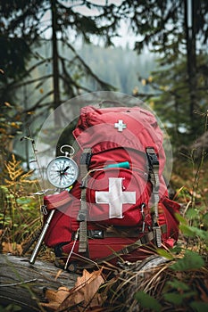 first aid kit on the background of the forest. Selective focus