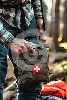 first aid kit on the background of the forest. Selective focus
