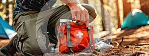 first aid kit on the background of the forest. Selective focus