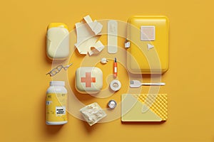 first aid kit-bandages, band-aid, tablets, medical gloves, face mask, spray on a yellow background AI Generated