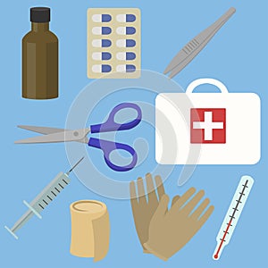 First aid kit box with medical equipment