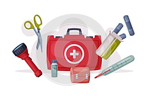 First Aid Kit Box with Medical Equipment and Medications, Urgency and Emergency Service, Healthcare and Diagnostic Flat