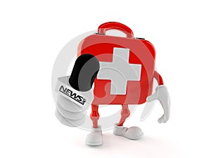 First aid kit character holding interview microphone